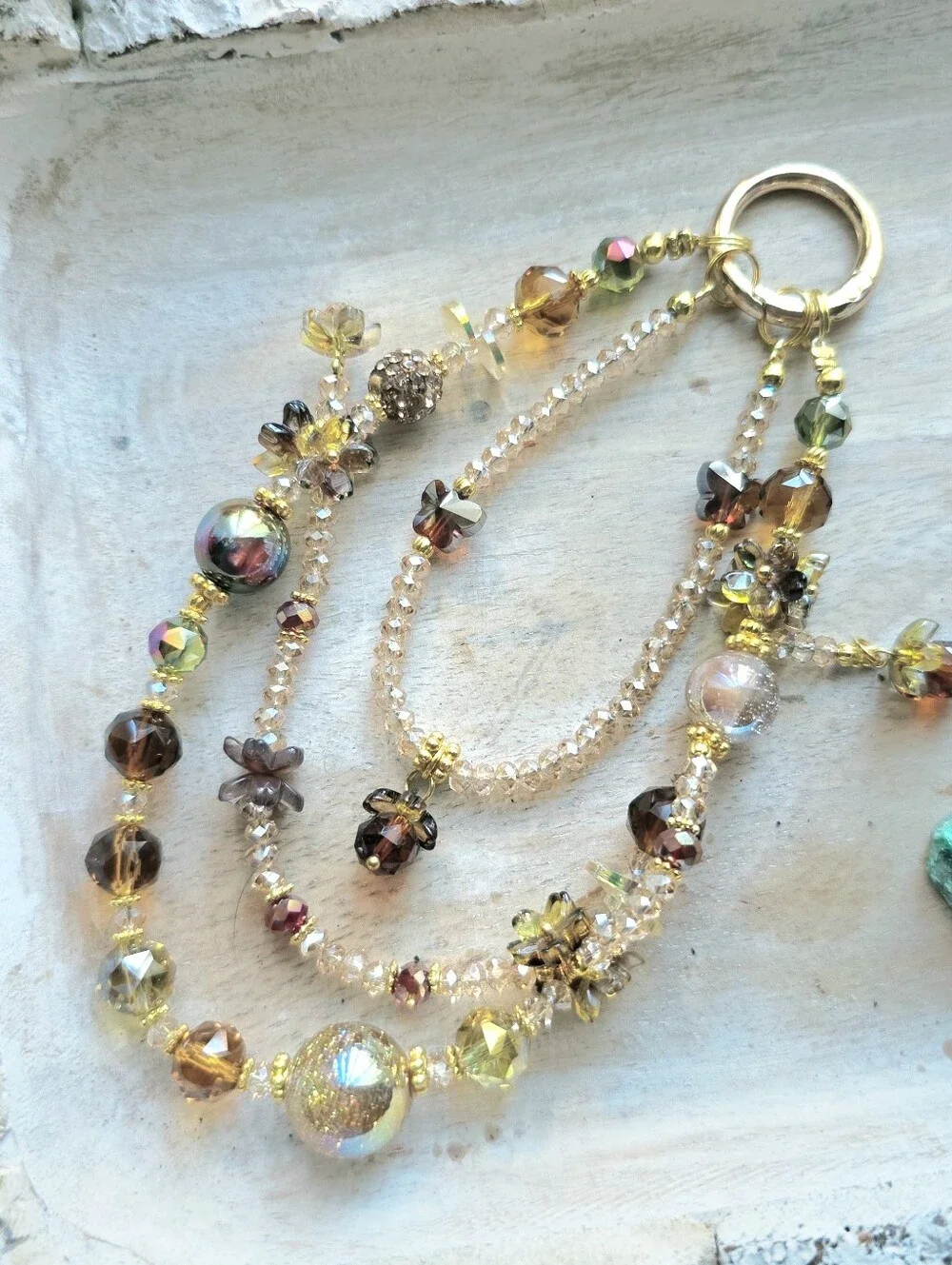 Trendy Phone or Bag Charm Earthy Gold-Tone Iridescent & Amber Multi-Strand